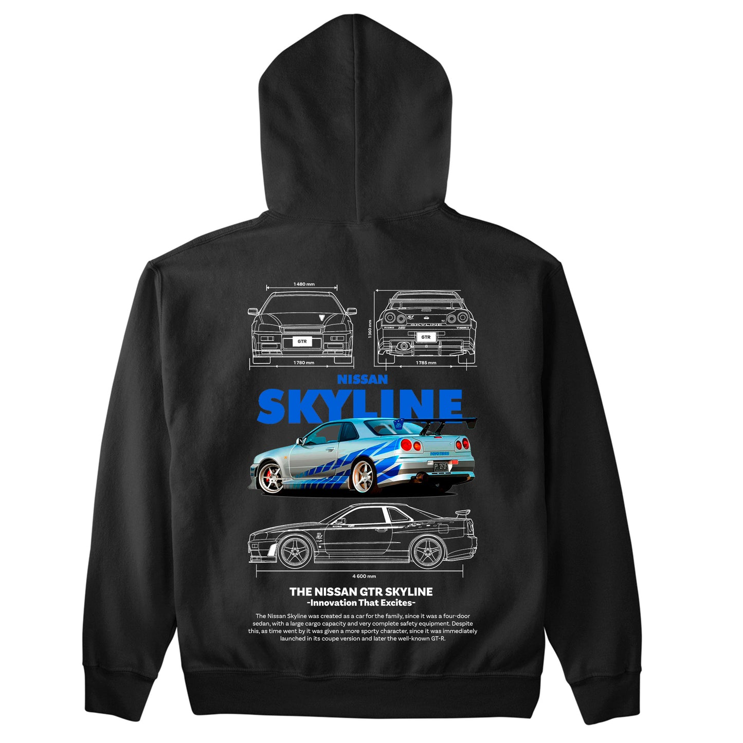 Moletom Básico Com Capuz Unissex Nissan GTR SKYLE R34 4 -2TEMPLATE white-PRETO