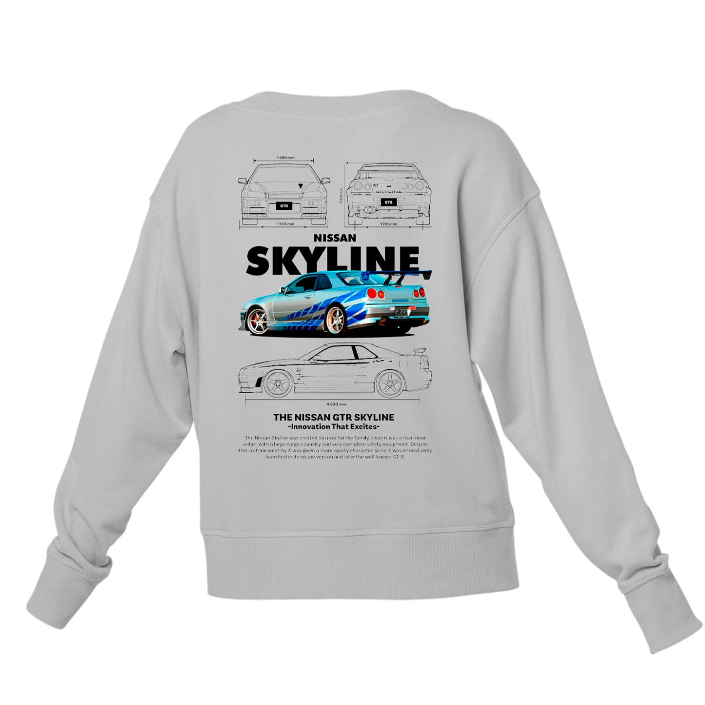 Moletom Gola Redonda Unissex Nissan GTR Skyle R34 4 -2TEMPLATE WHITE-CINZA