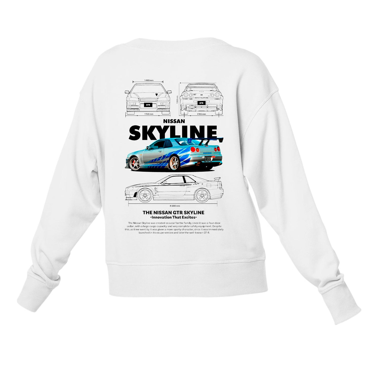 Moletom Gola Redonda Unissex Nissan GTR Skyle R34 4 -2TEMPLATE WHITE-BRANCO