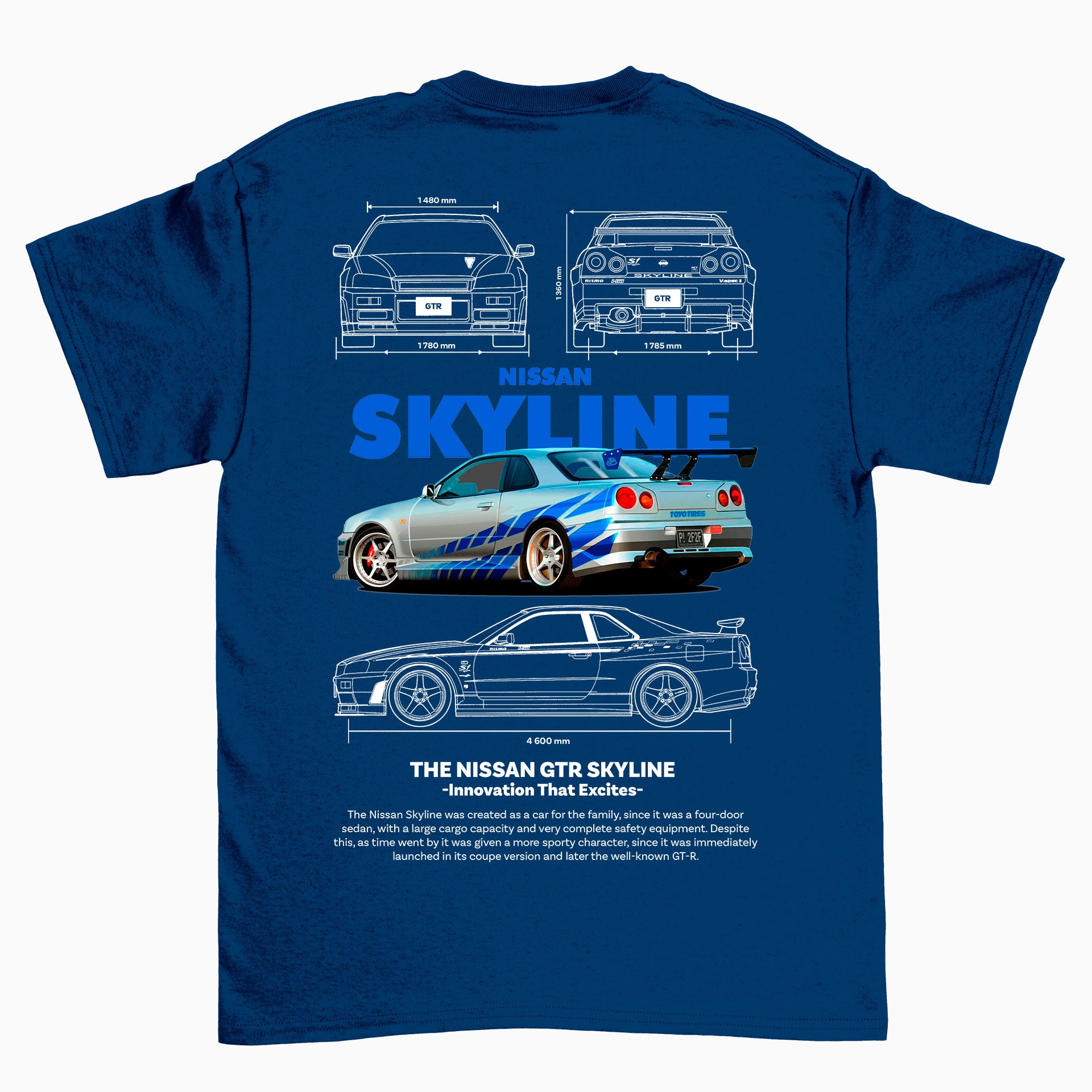 Camiseta Básica Unissex Nissan GTR Skyle R34 4 -2TEMPLATE white azul marinho