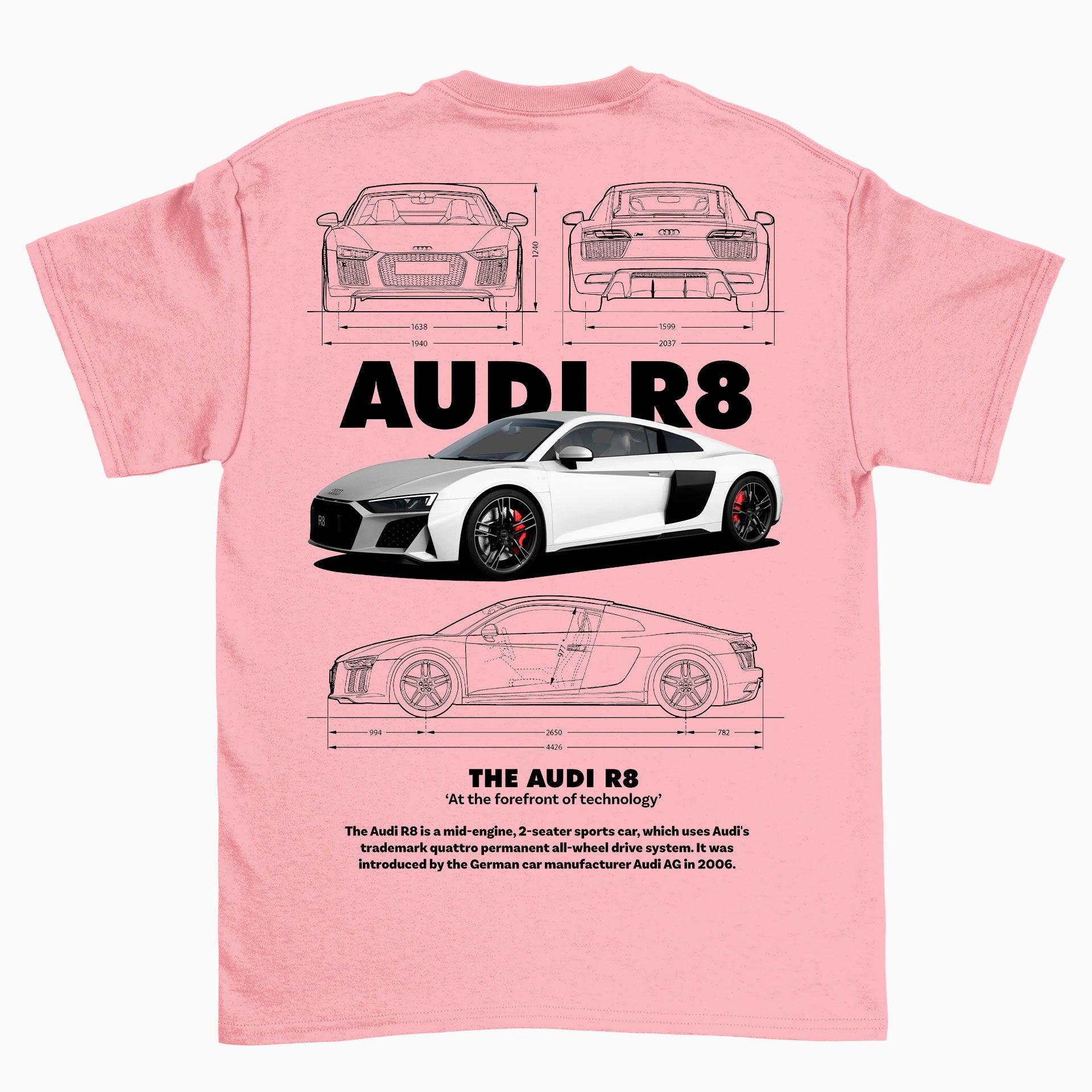 Camiseta Básica Unissex AUDI R8 - Rosa Bebê