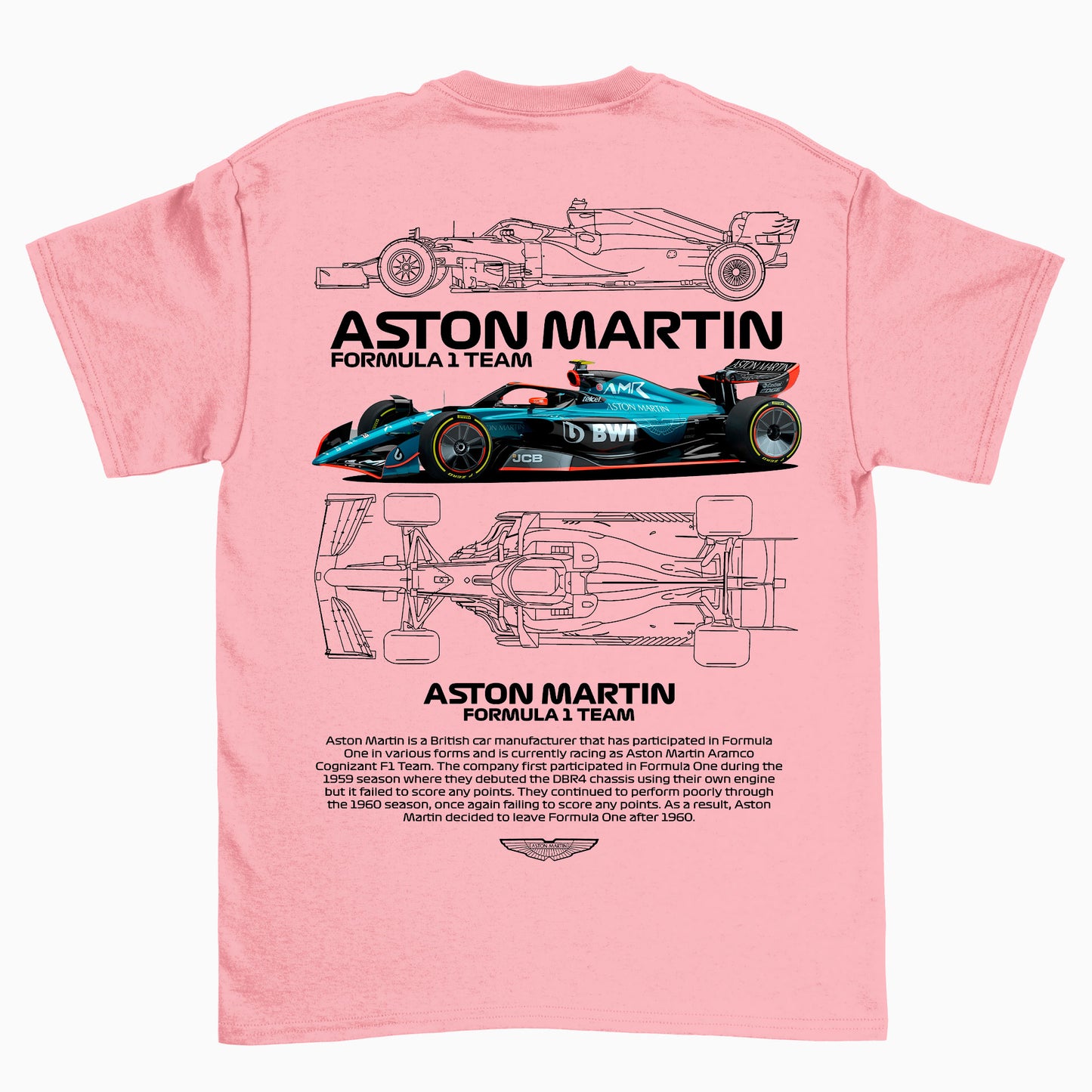 Camiseta Básica Unissex Aston Martin Fórmula 1 TEAM Rosa Bebê 