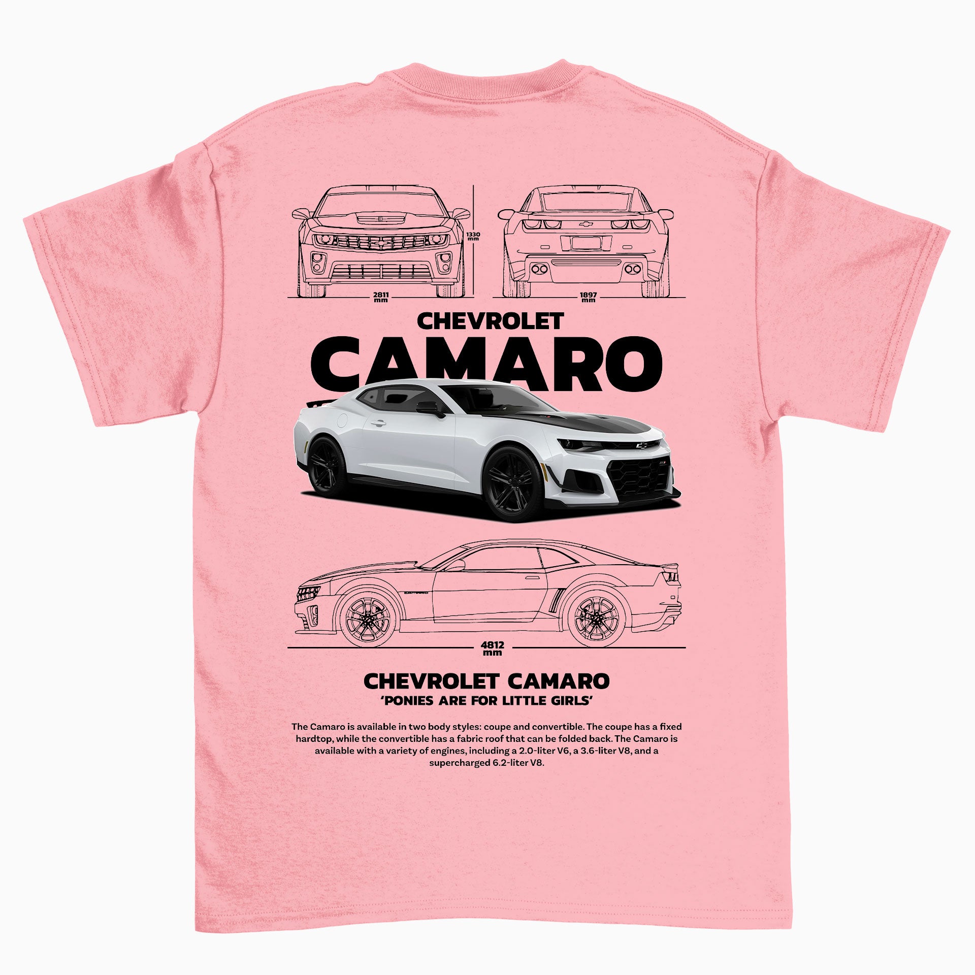 Camiseta Básica Unissex Chevrolet Camaro - Blanco-Rosa Bebê