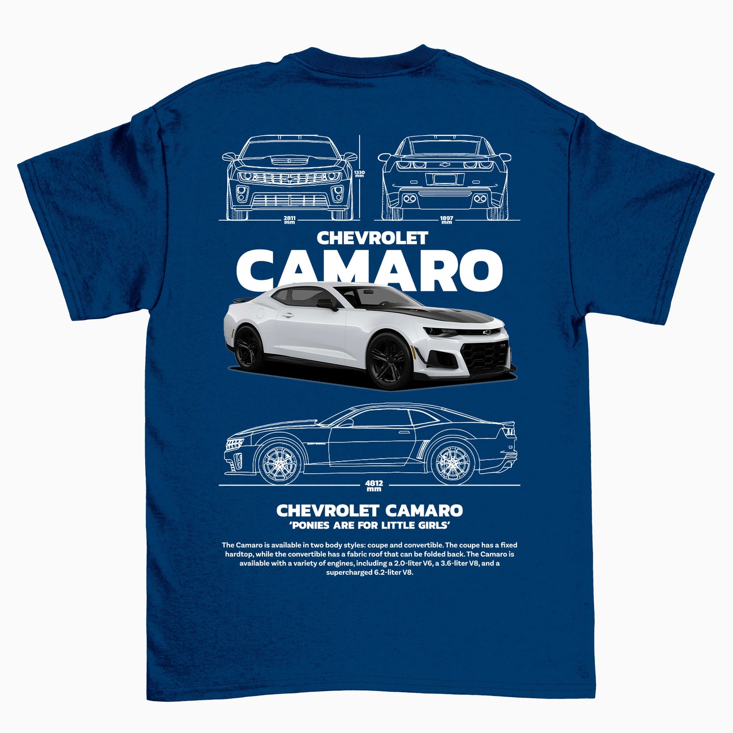 Camiseta Básica Unissex Chevrolet Camaro - Blanco- Azul-Marinho
