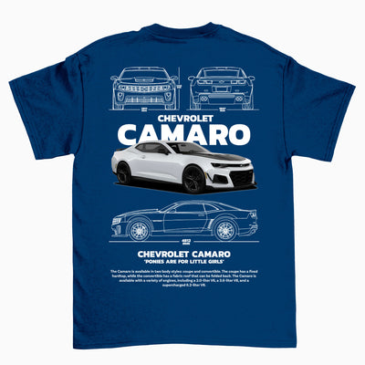 Camiseta Básica Unissex Chevrolet Camaro - Blanco- Azul-Marinho