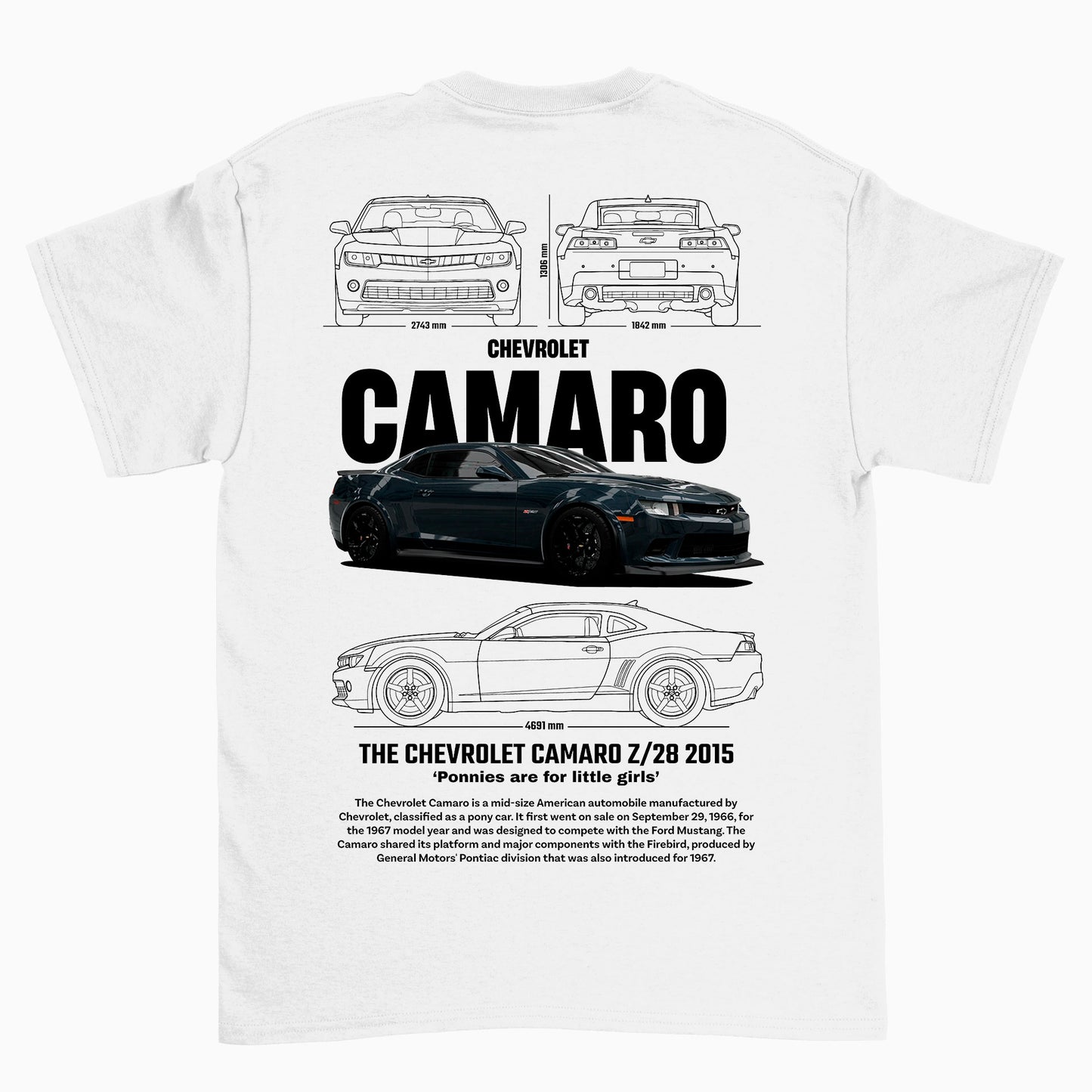 Camiseta Básica Unissex Chevrolet Camaro Z28 2015 BLACK BRANCO