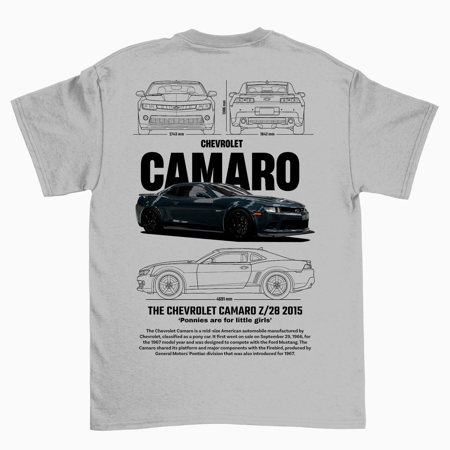 Camiseta Básica Unissex Chevrolet Camaro Z28 2015 BLACK CINZA