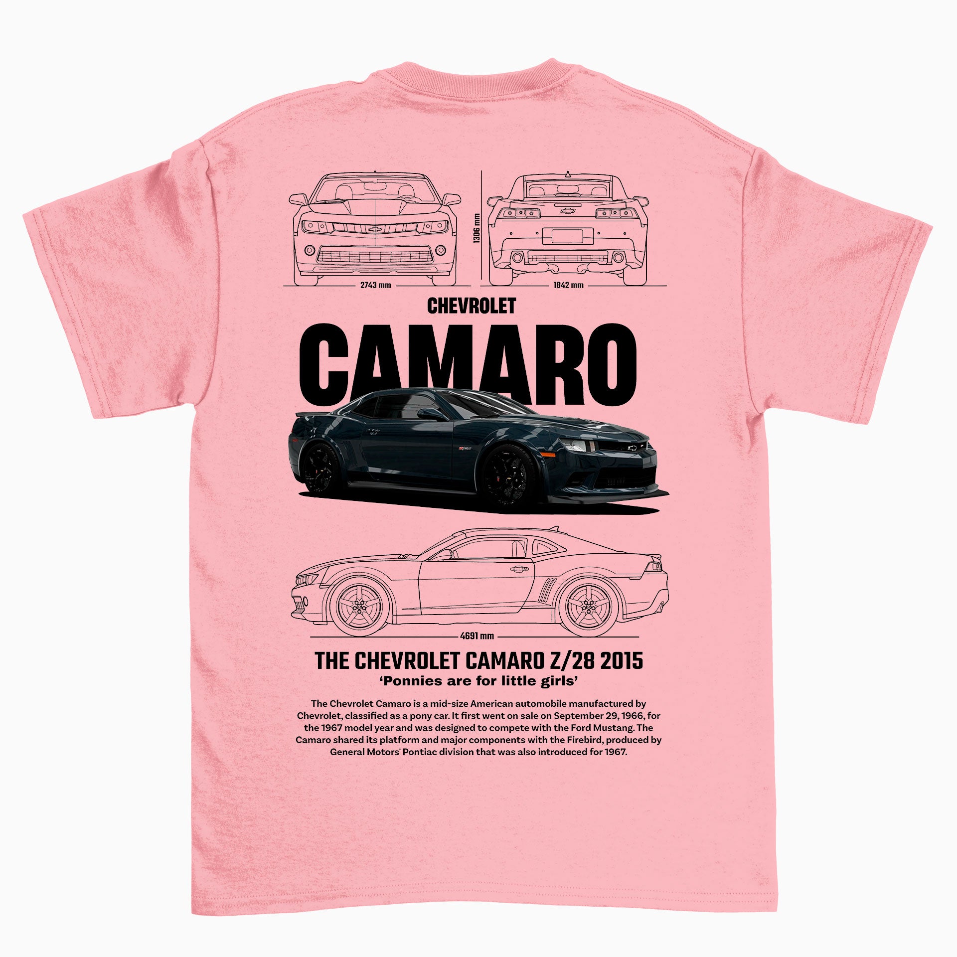 Camiseta Básica Unissex Chevrolet Camaro Z28 2015 BLACK ROSA BEBE