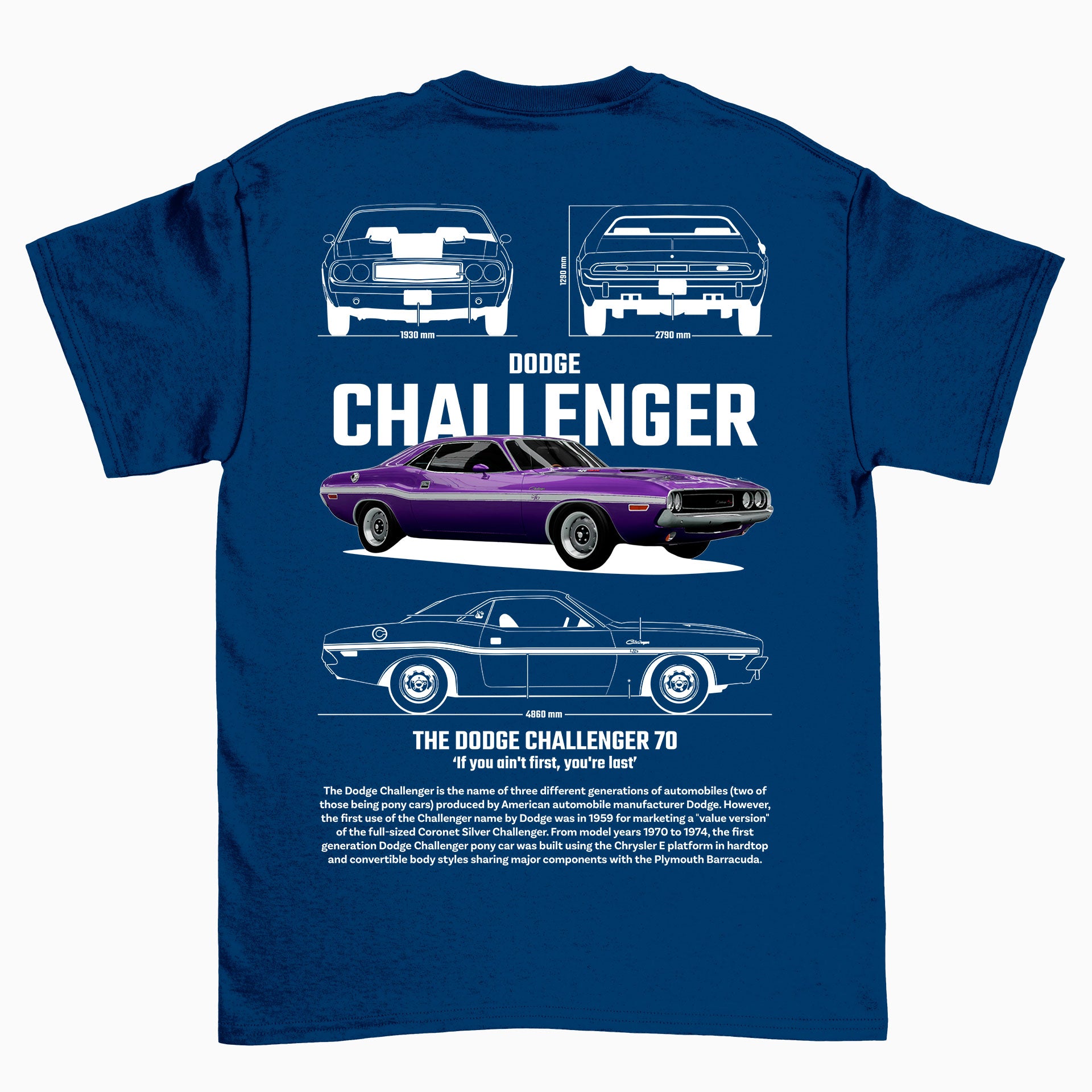 Camiseta Básica Unissex Dodge Challenger 70 - Azul- Marinho