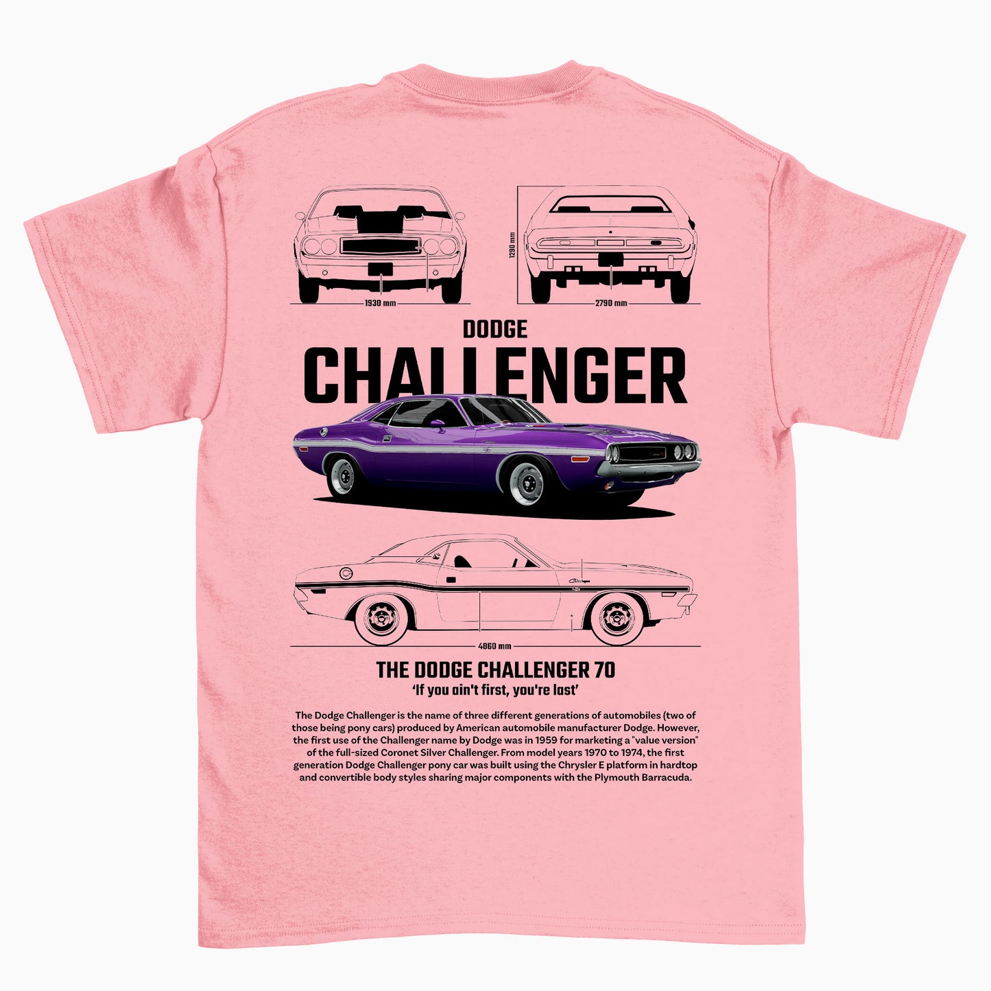 Camiseta Básica Unissex Dodge Challenger 70 - Rosa Bebê