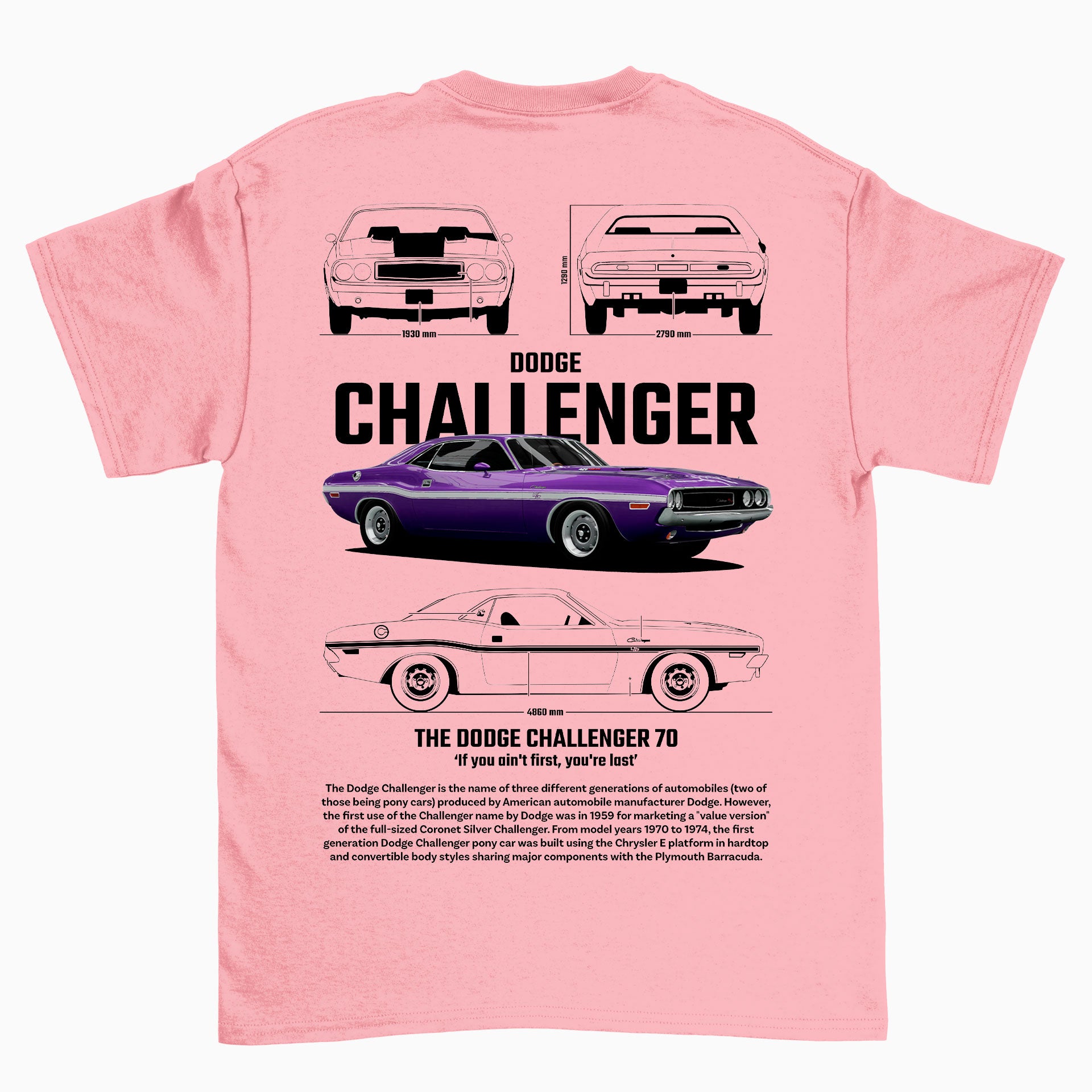 Camiseta Básica Unissex Dodge Challenger 70 - Rosa Bebê