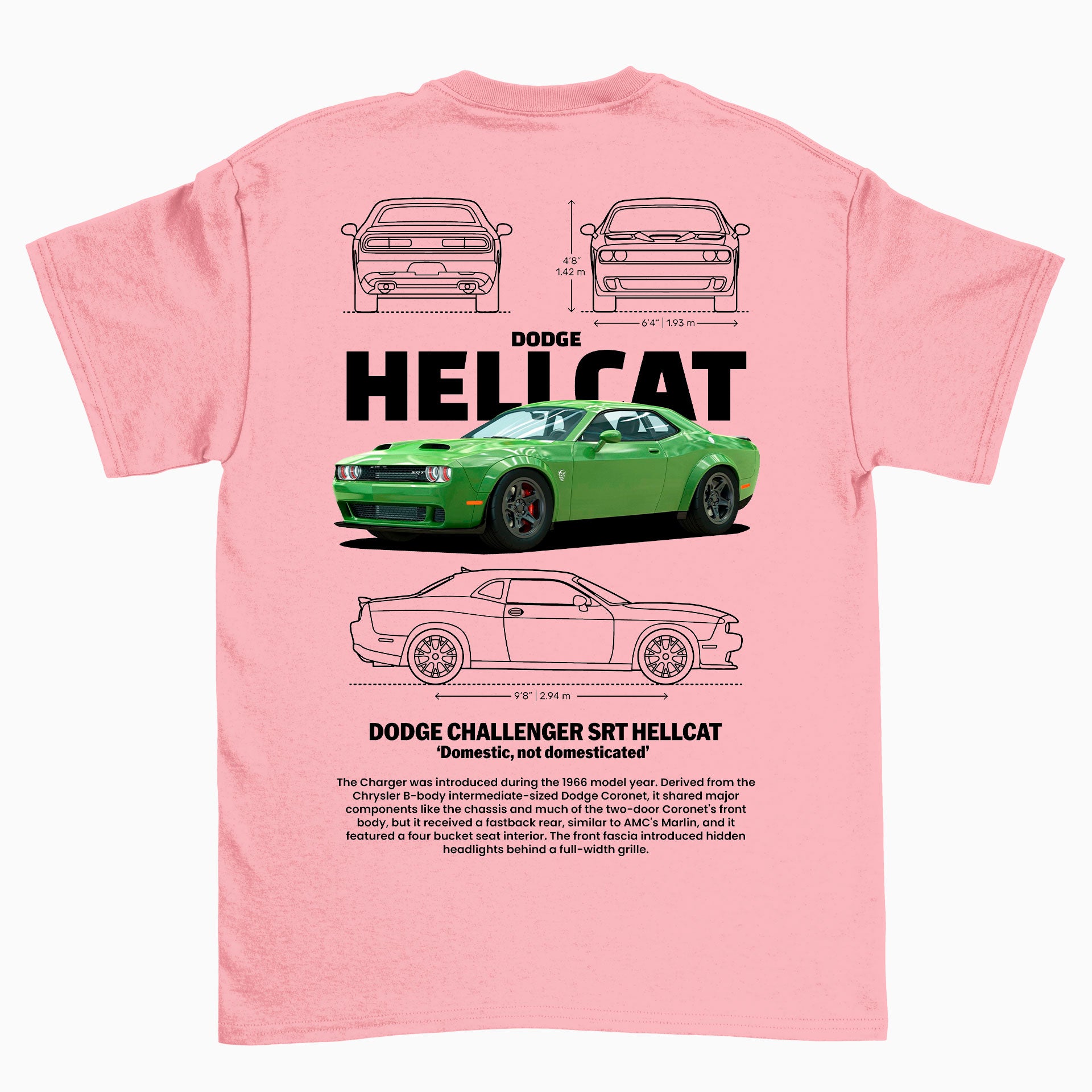 Camiseta Básica Unissex Dodge Charger SRT HELLCAT ROSA BEBE