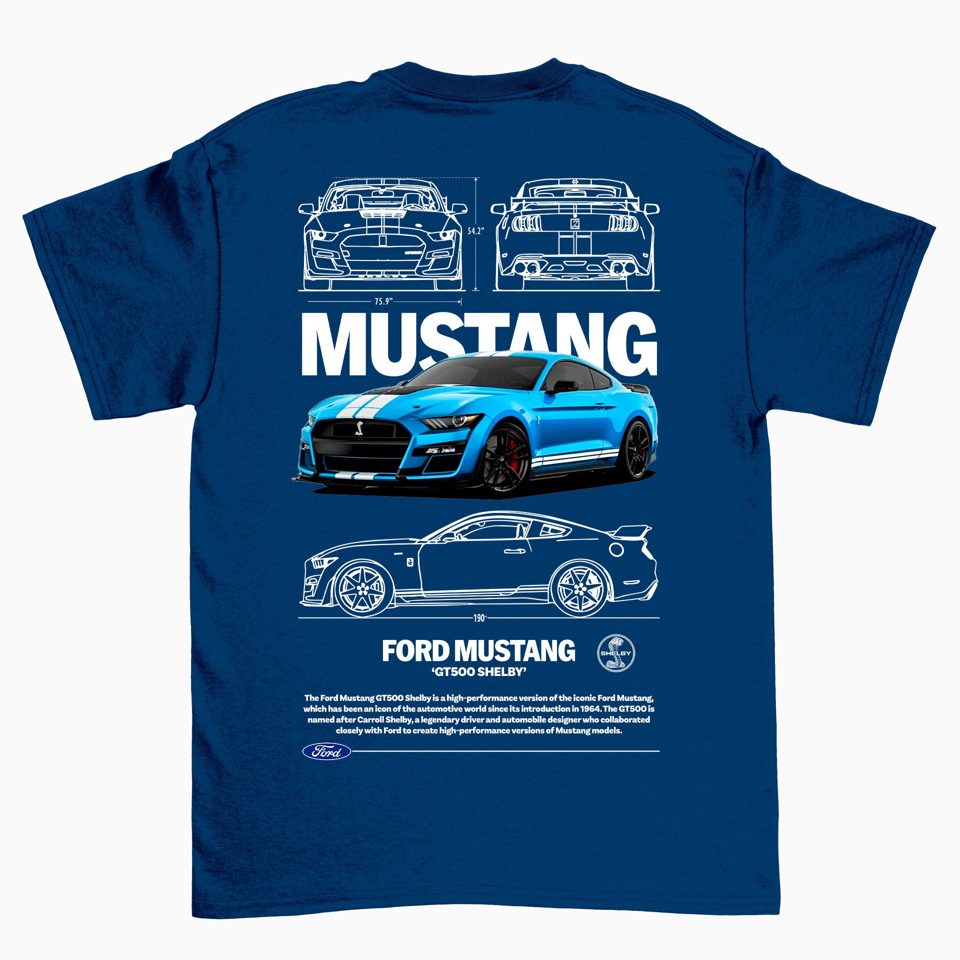 Camiseta Básica Unissex Ford Mustang GT500 SHELBY W AZUL MARINHO