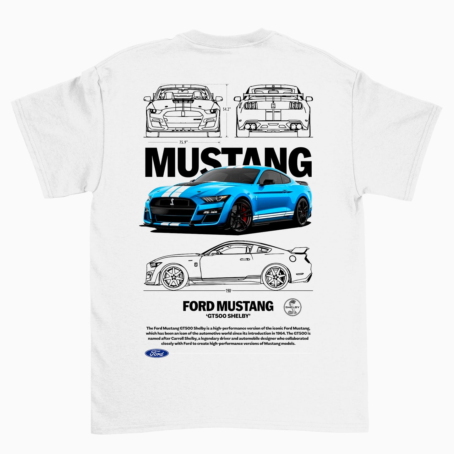 Camiseta Básica Unissex Ford Mustang GT500 SHELBY W BRANCO