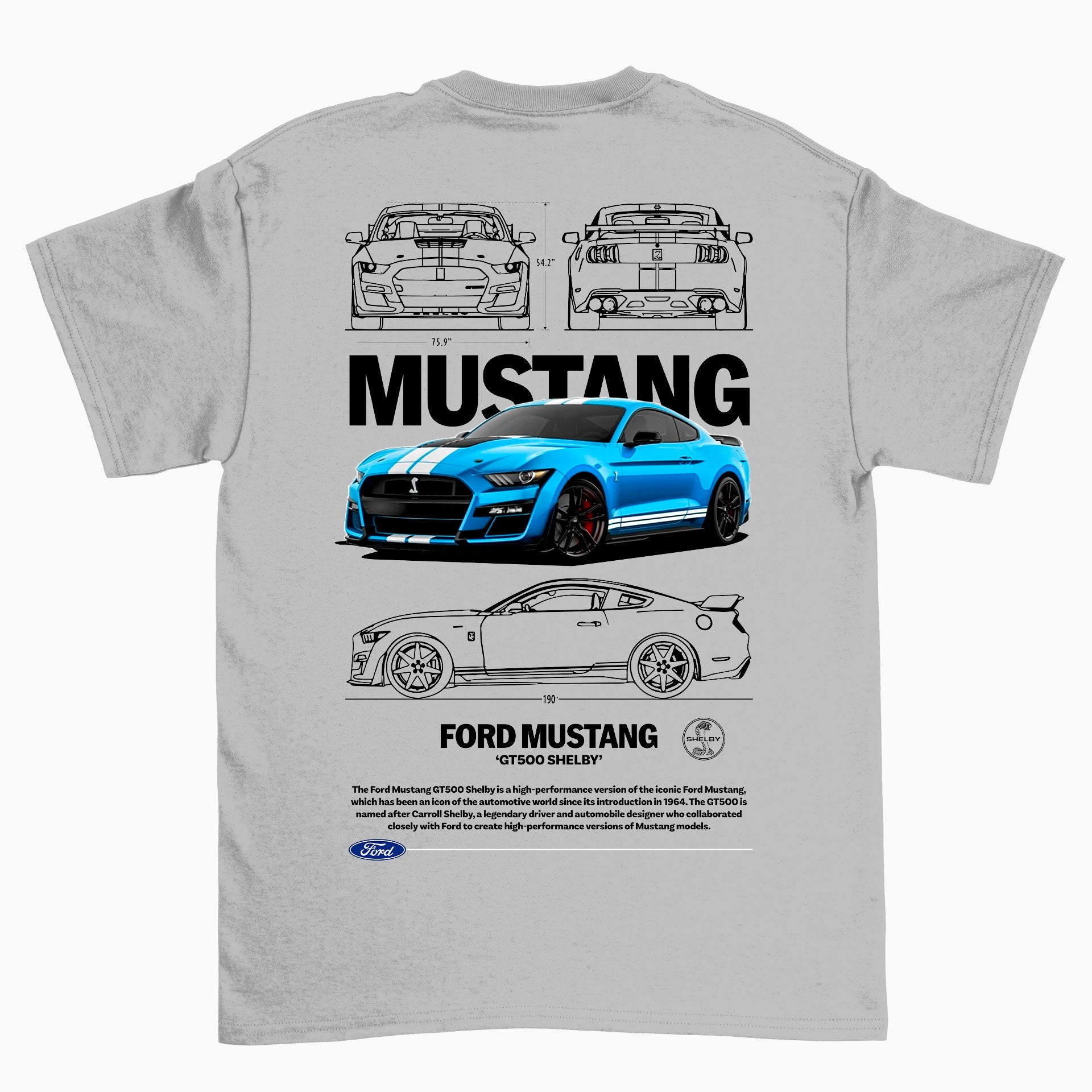 Camiseta Básica Unissex Ford Mustang GT500 SHELBY W CINZA