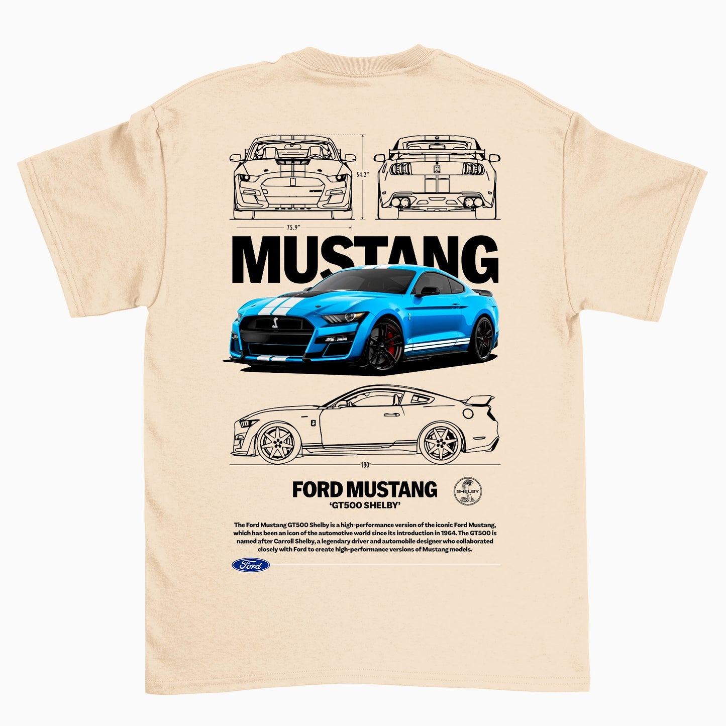 Camiseta Básica Unissex Ford Mustang GT500 SHELBY W PEROLA OFF WHITE