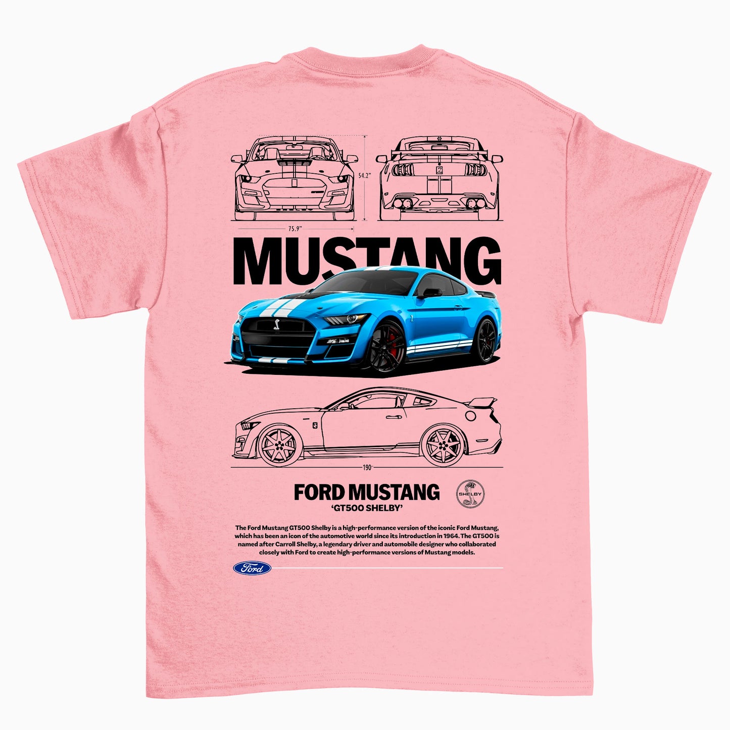 Camiseta Básica Unissex Ford Mustang GT500 SHELBY W ROSA BEBE