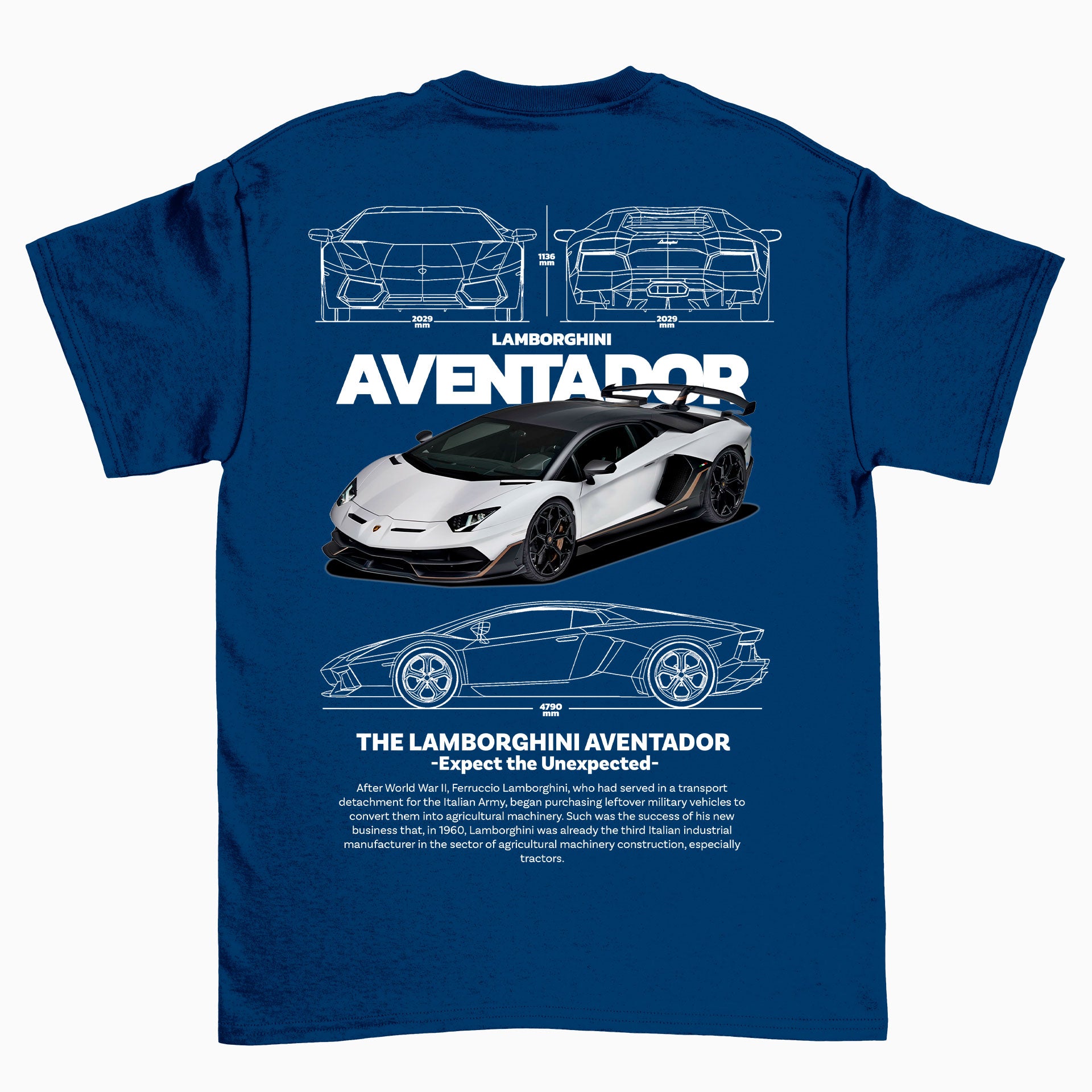 Camiseta Básica Unissex Lamborghini Aventador WHITE V AZUL MARINHO