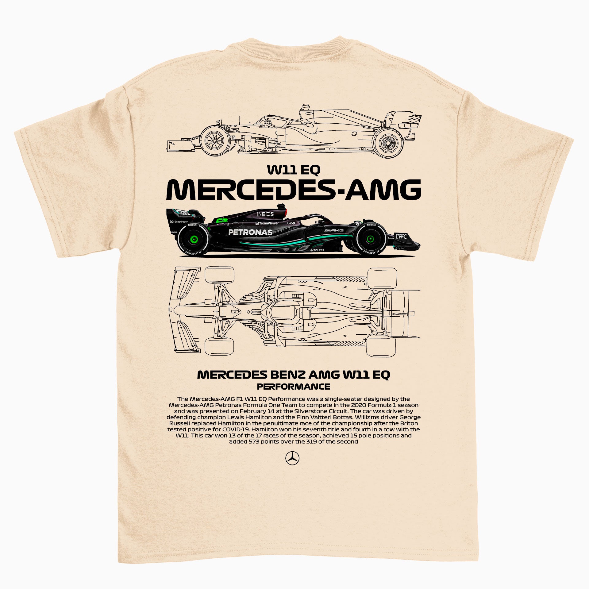 Camiseta Básica Unissex Mercedes Benz AMG W11 beje perola off white