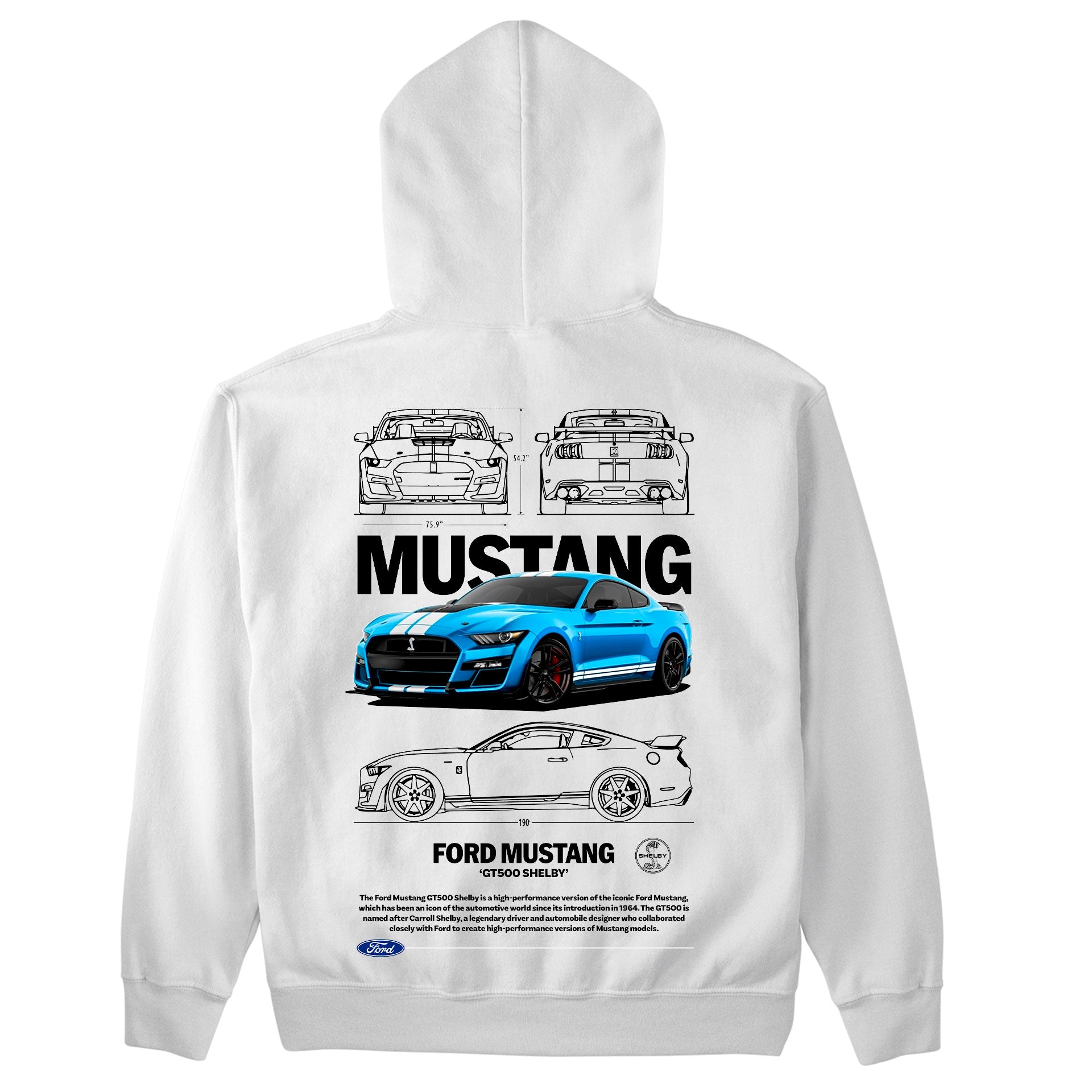 Moletom Básico Com Capuz Unissex Ford Mustang GT500 SHELBY W-BRANCO