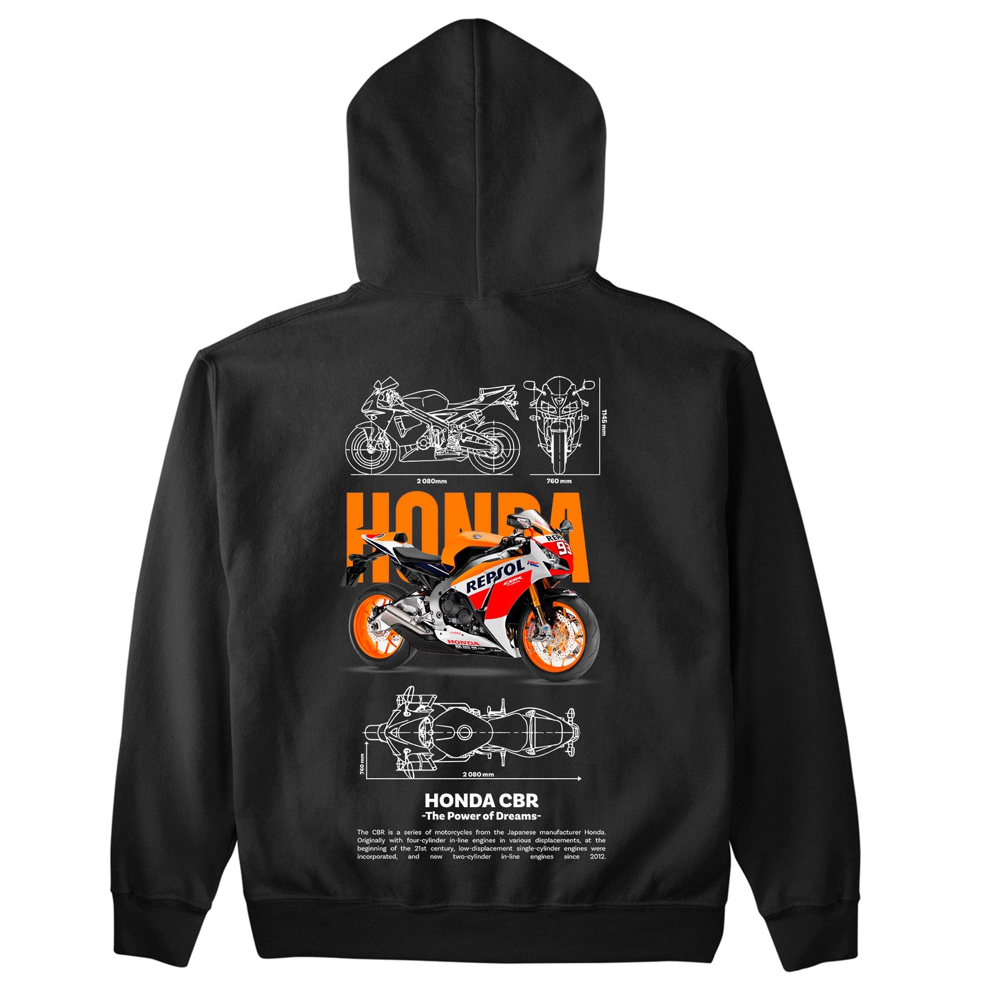Moletom Básico Com Capuz Unissex Honda CBR Template PNG White-PRETO