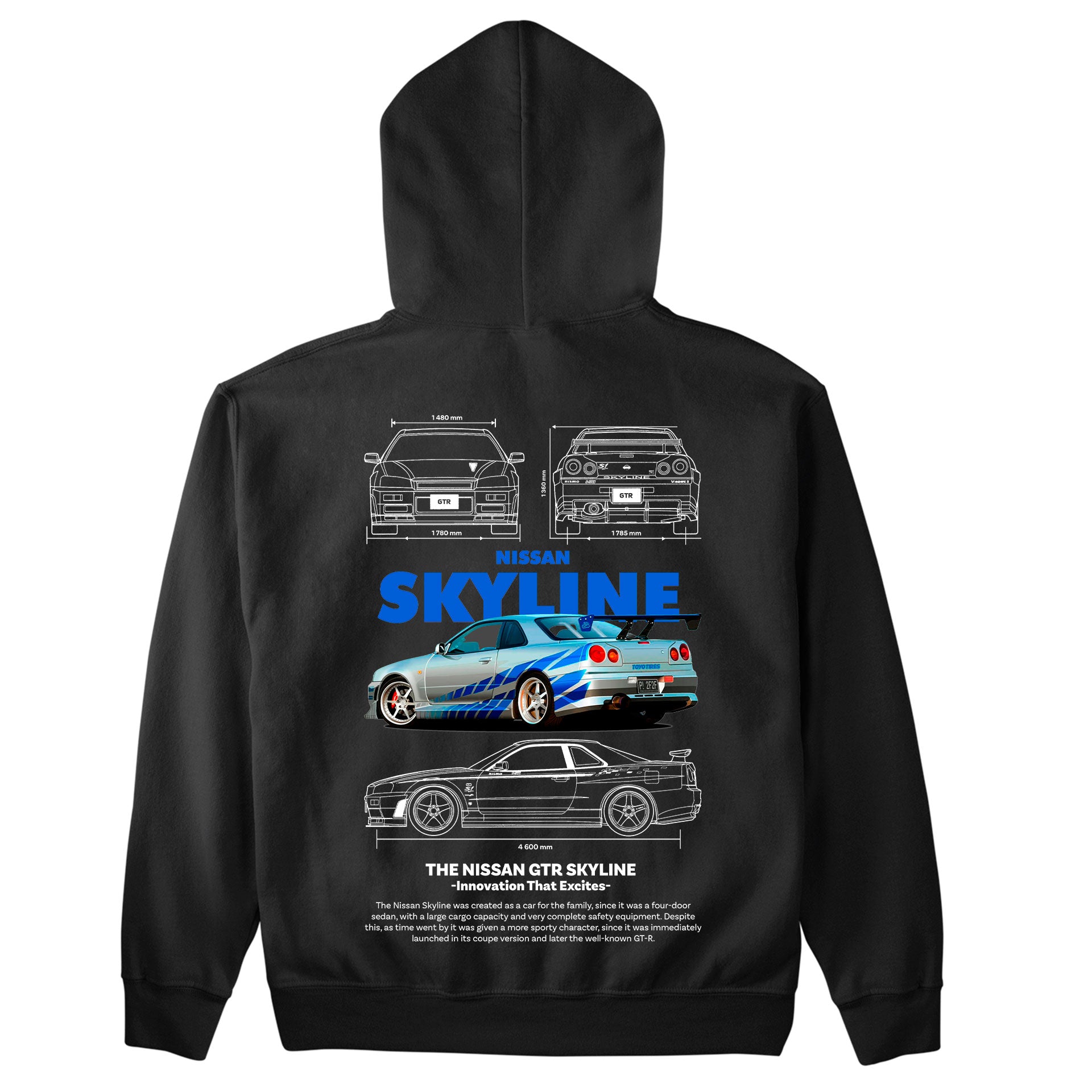 Moletom Básico Com Capuz Unissex Nissan GTR SKYLE R34 4 -2TEMPLATE white-PRETO