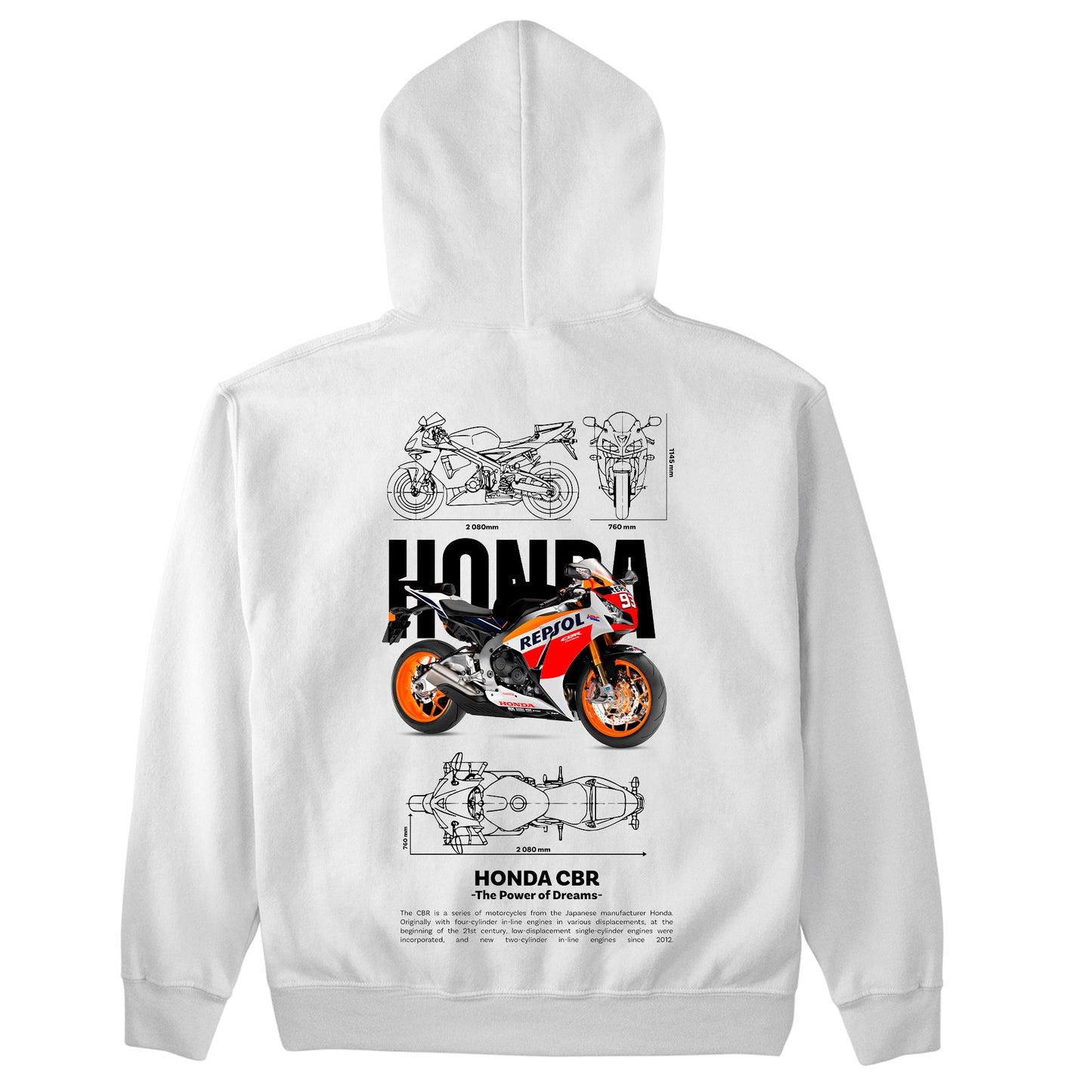 Moletom Básico Com Capuz Unissex Honda CBR Template PNG White-BRANCO
