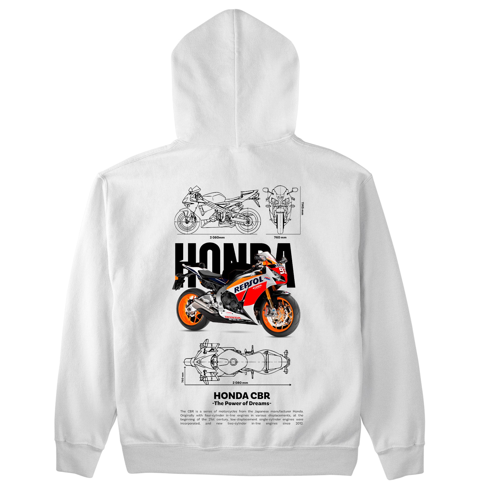 Moletom Básico Com Capuz Unissex Honda CBR Template PNG White-BRANCO